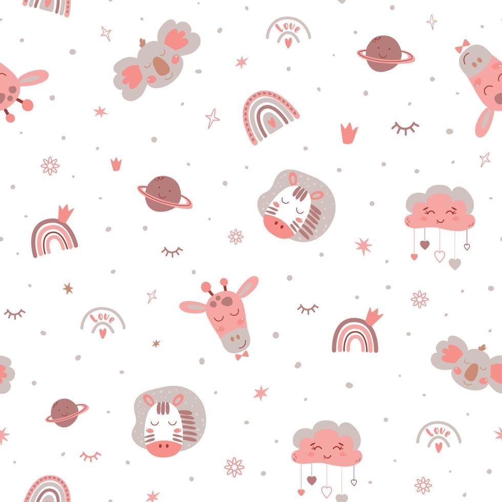 Pink baby girl pattern. Pink baby print with cute animals, stars, planets, rainbow textile design. Sleeping koala, zebra, giraffe faces safari animal. Nursery seamless pattern. Vector illustration. 12619025 Vector Art at Vecteezy pink-baby-girl-pattern-pink-baby-print-with-cute-animals-stars-planets-rainbow-textile-design-sleeping-koala-zebra-giraffe-faces-safari-animal-nursery-seamless-pattern-vector-illustration-12619025-vector-art-at-vecteezy