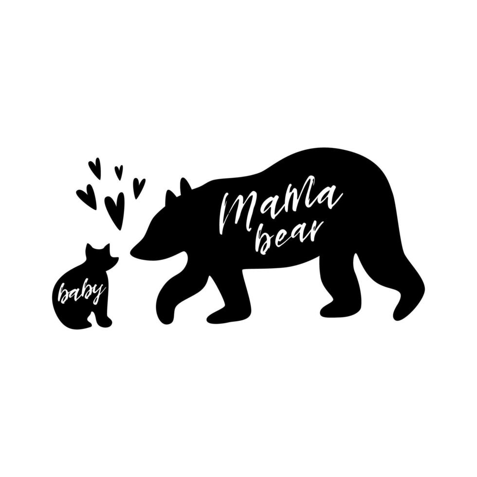 Mama bear. Baby bear. Black bear family print. Simple bear silhouette with stars for mothers day card, cute t-shirt design. Vector illustration isolated poster. Kids nursery wall art, fabric decor.