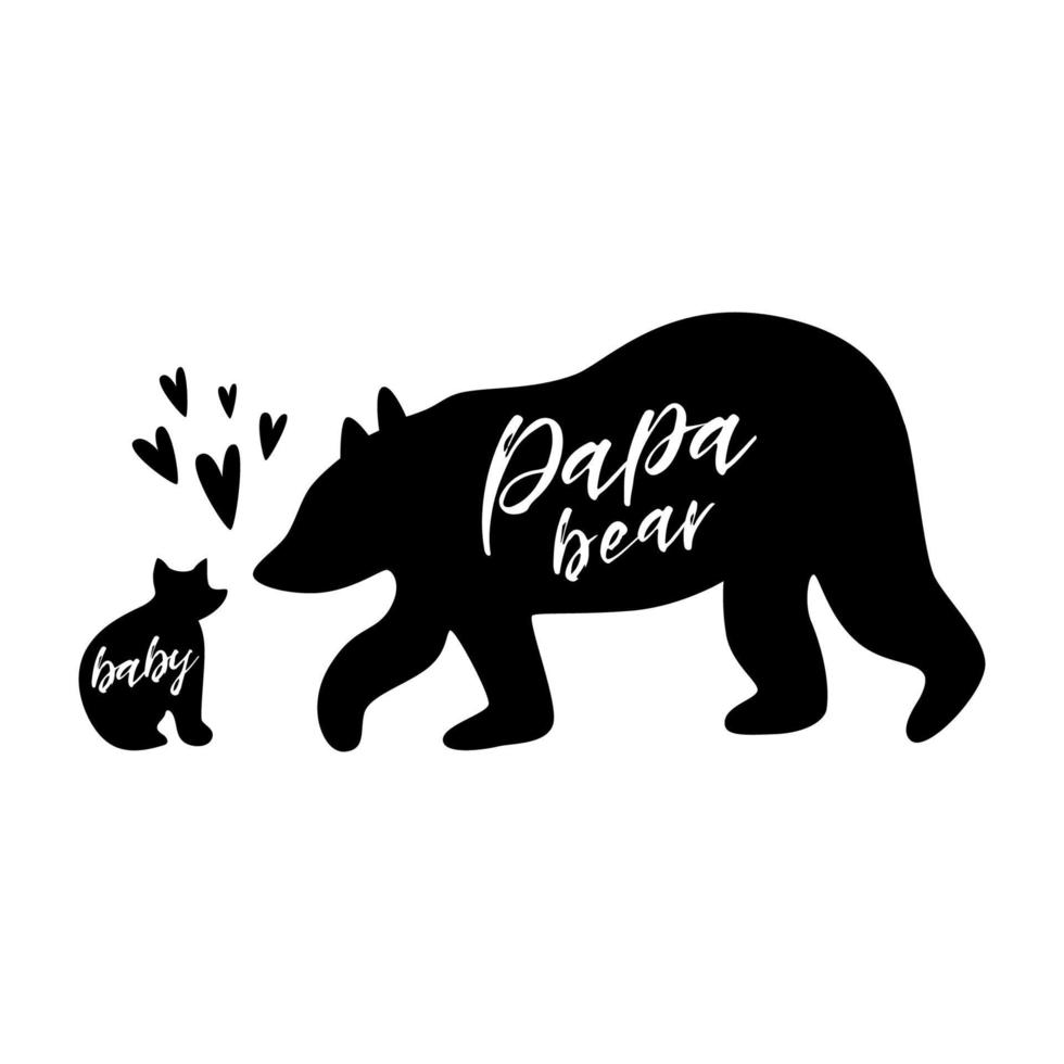 Baby and father bear. Papa bear. Black baby bear silhouette for Farther's day card. Bear family print. Poster for Dad. Romantic Vector illustration isolated on white. Hand drawn wild life concept.