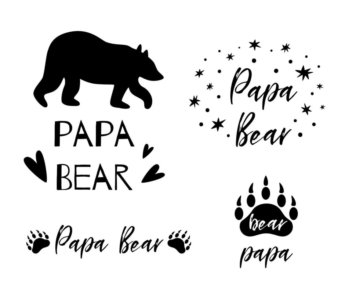 Papa bear text collection. Black paw symbol. Simple papa bear set. Cute fathers day cards, icon, logo. Kids nursery wall art poster, Cloth print. Vector illustration. Fathers day. Typography phrases.