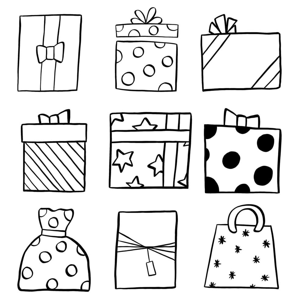 elementos de regalos de doodle de línea negra. ilustración vectorial sobre navidad o cumpleaños. vector