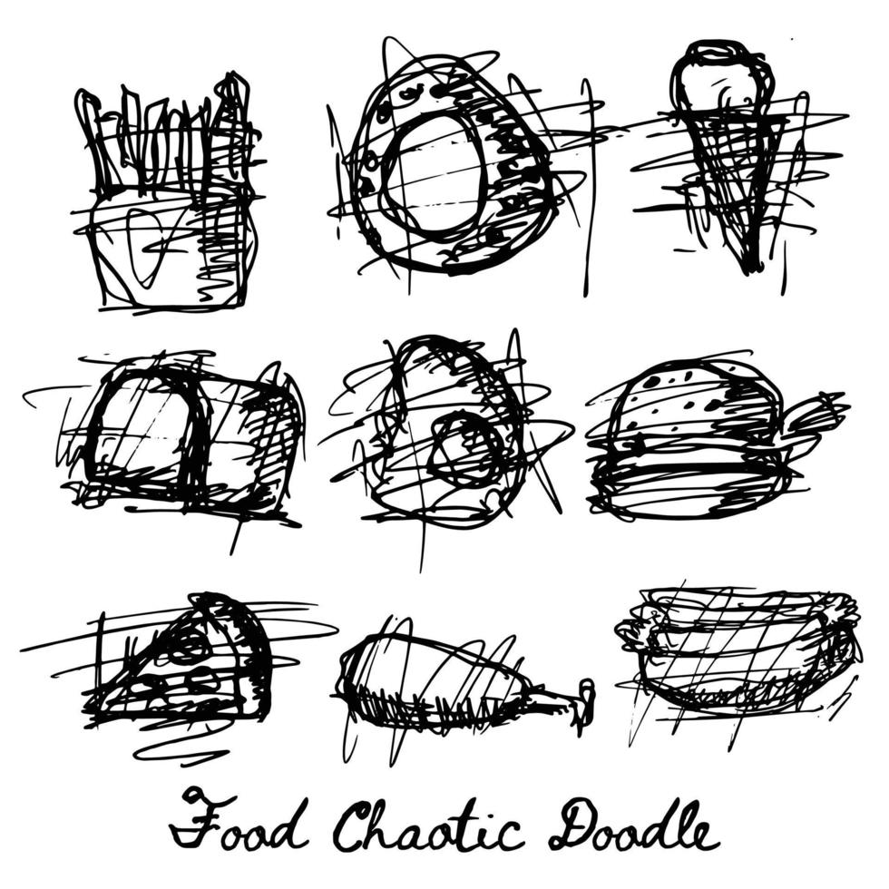 Monochrome Fast Food Hand Drawing Chaotic Lines Doodle vector