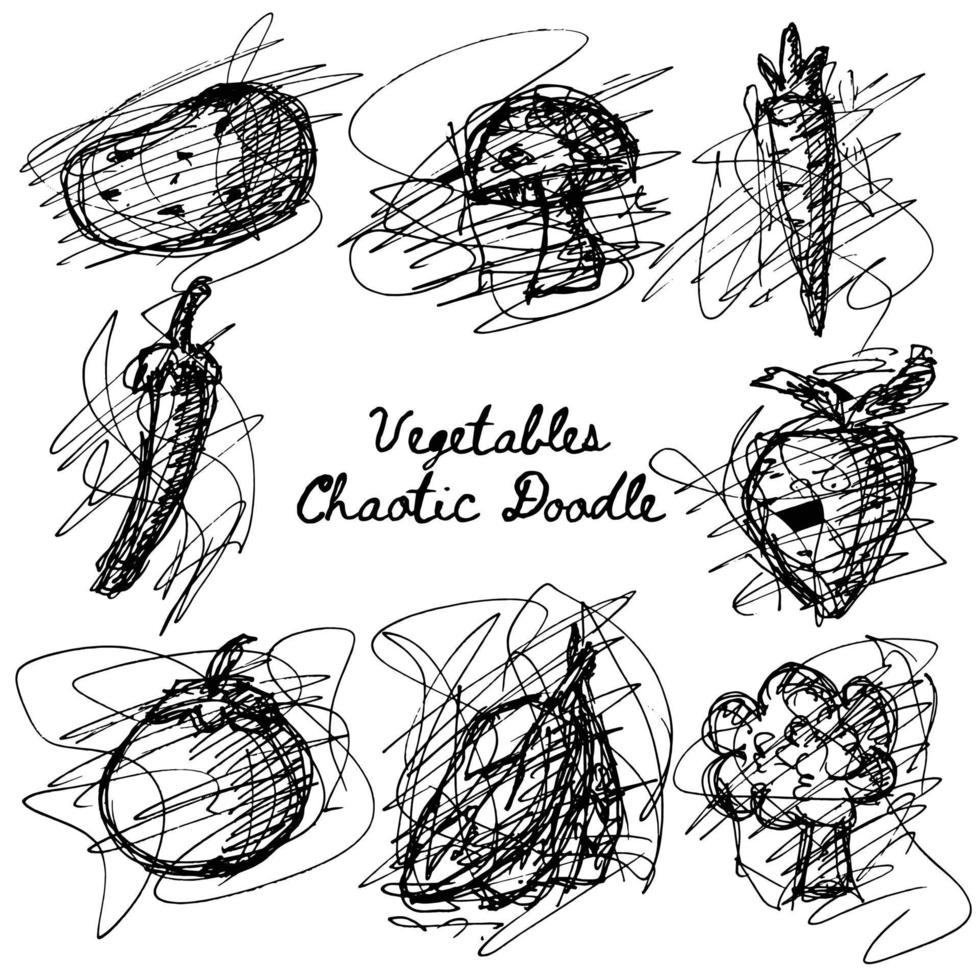 Monochrome Vegetables Hand Drawing Chaotic Lines Doodle vector