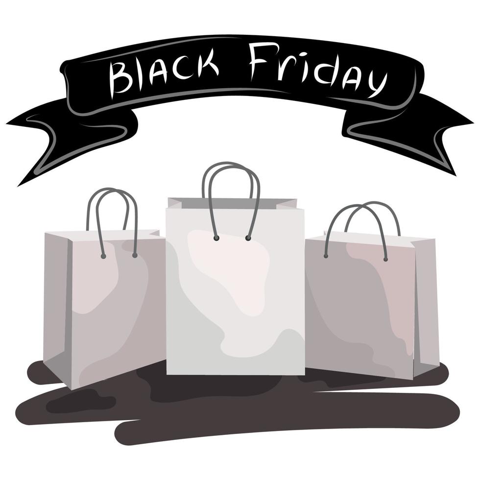 Black Friday concept.Paper Shopping Bags with banner ribbon and inscription,design for Black Friday Promotion.Three shopping bags vector Illustration on a white background