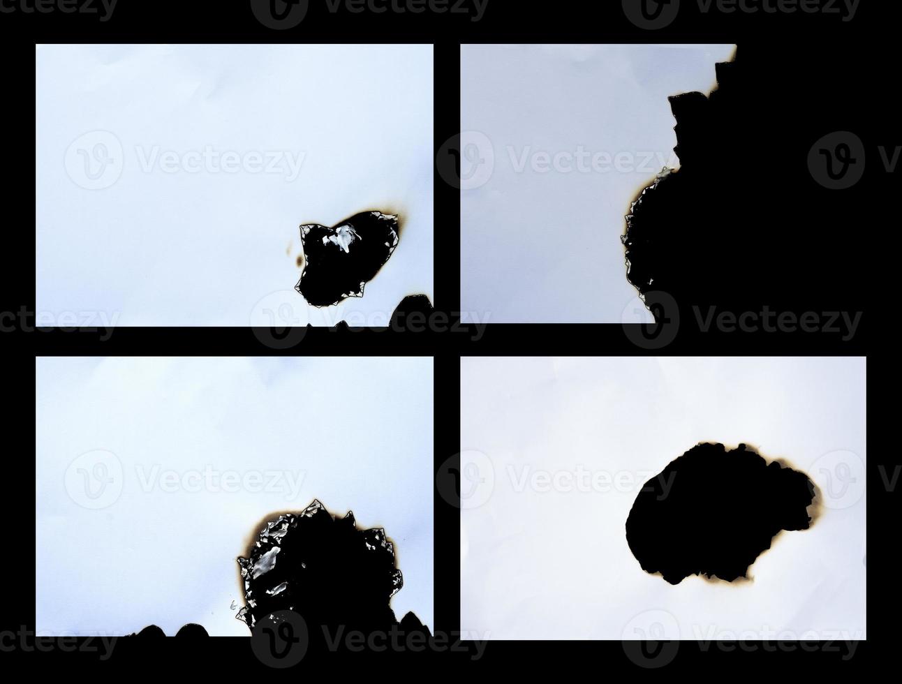 set of burnt paper frame for texture overlay. damaged white paper with burnt stain background. collection of blank ripped paper edge for a design element. photo