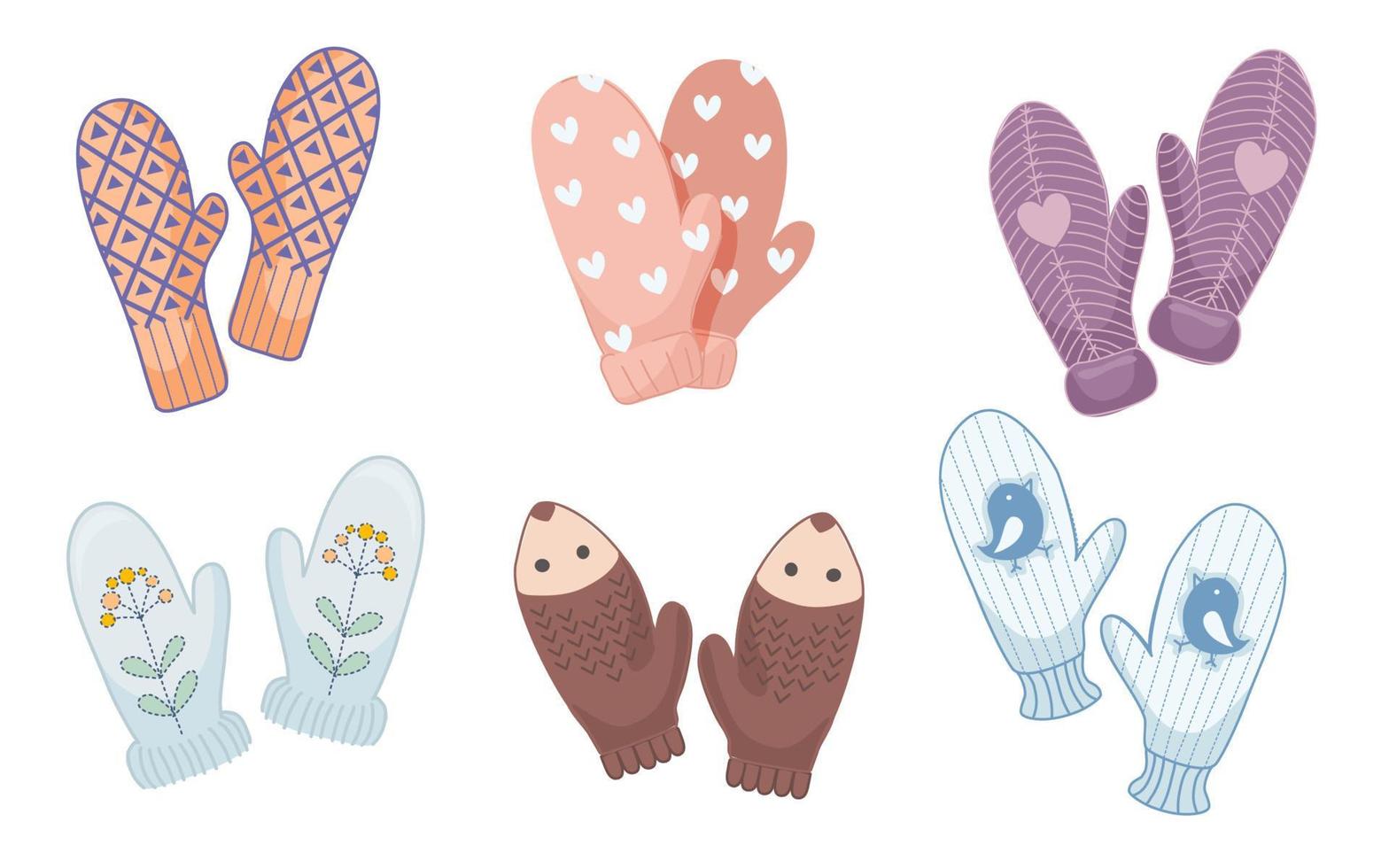 Cozy, cute mittens in the form of animals, with embroidery, ornaments vector
