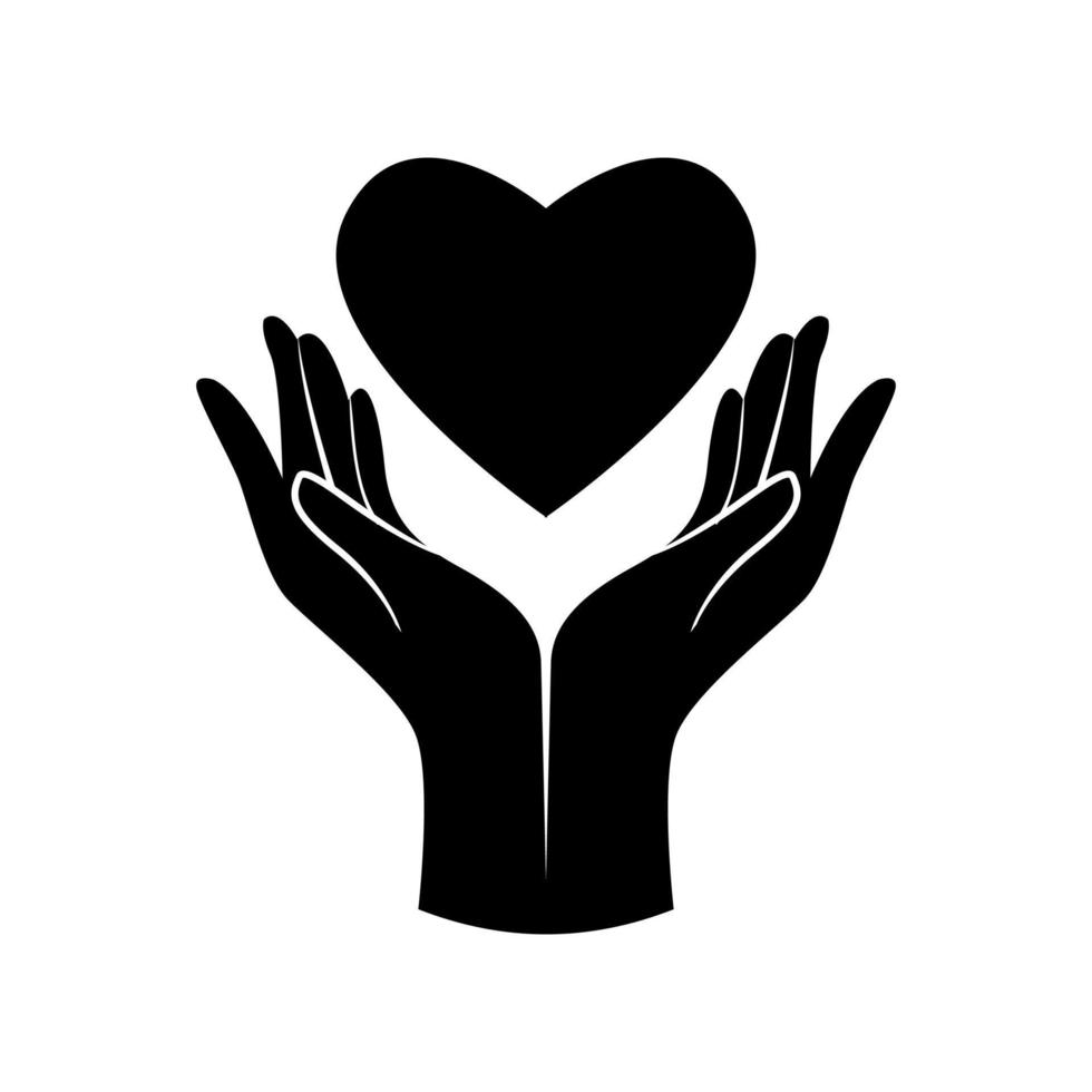 Vector black two female hands holding heart. Isolated on a white background. Charity icon, give and donate. Concept of health care, medicine and blood donation