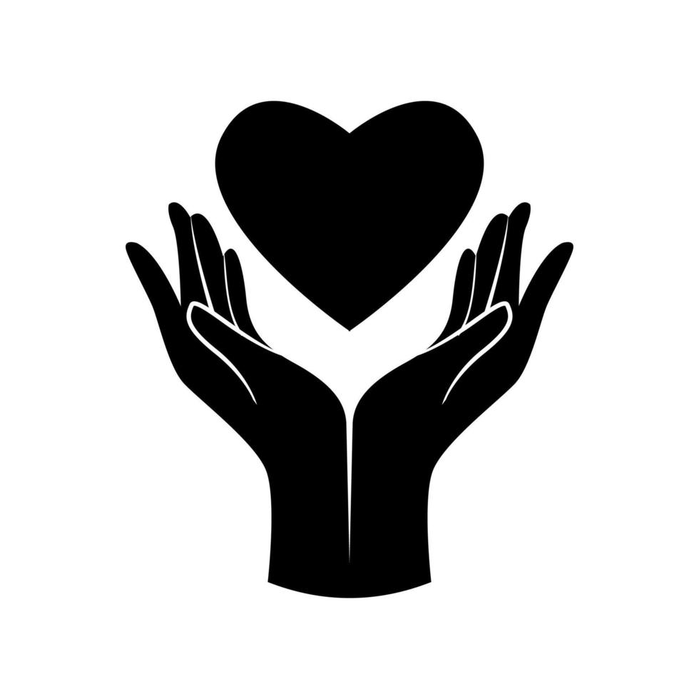 Vector black two female hands holding heart. Isolated on a white background. Charity icon, give and donate. Concept of health care, medicine and blood donation