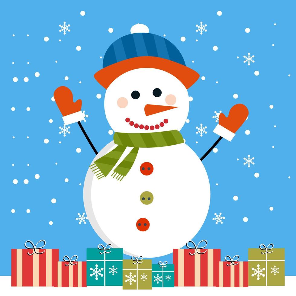Snowman decorated with gift box, isolated against snowfall background. New Year and Merry Christmas greeting cards, posters, icons. Vector illustration in cartoon style
