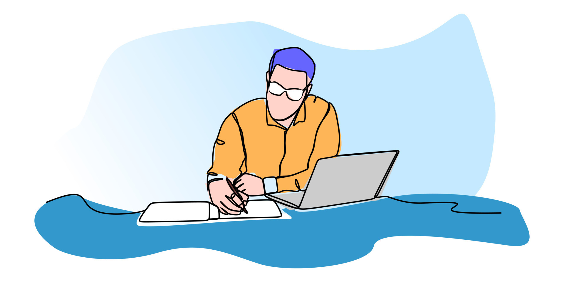 Man working in front of laptop computer Simple line drawing. Continuous