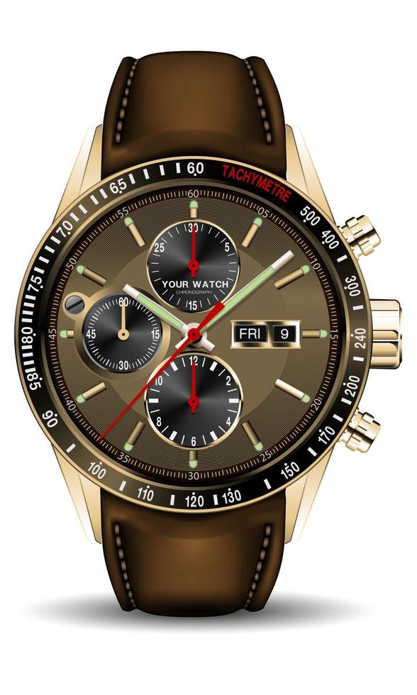 Realistic gold clock watch chronograph brown leather strap red arrow for men luxury on isolated background vector