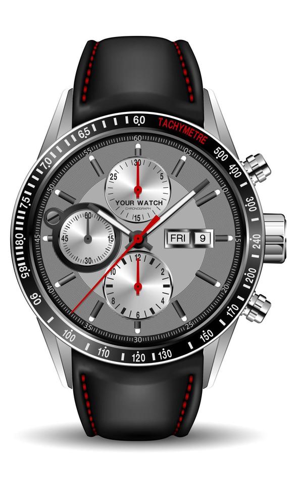 Realistic clock watch chronograph silver black red leather strap for men luxury on isolated background vector