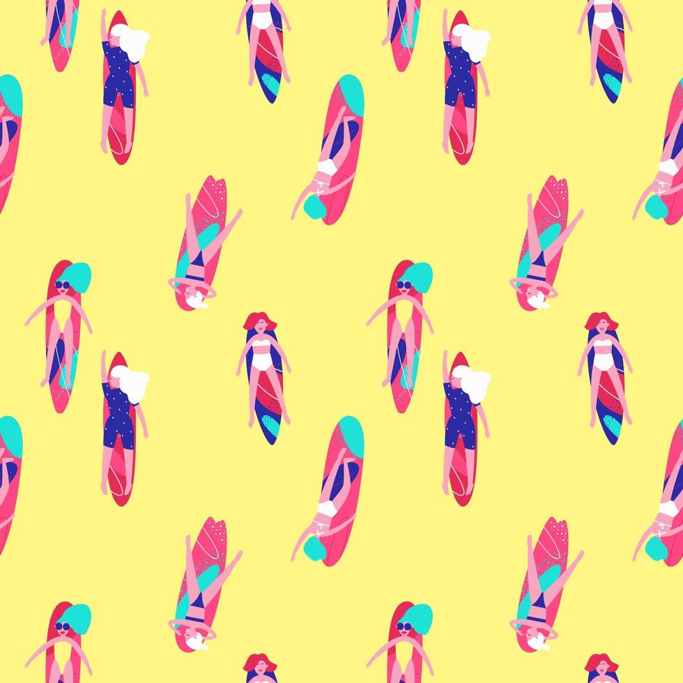 Seamless pattern for summer women's clothing with girls floating on surfboards vector