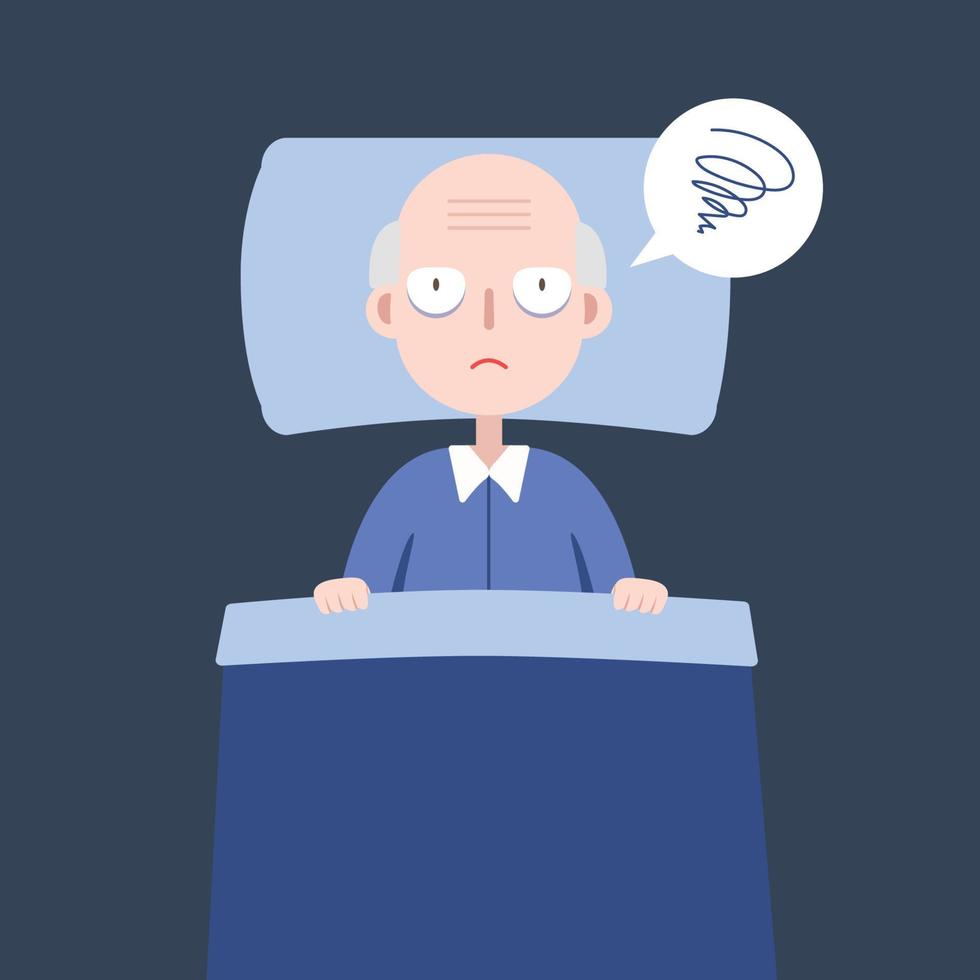 Elder on the bed can not sleep. insomnia and sleeplessness. vector illustration.