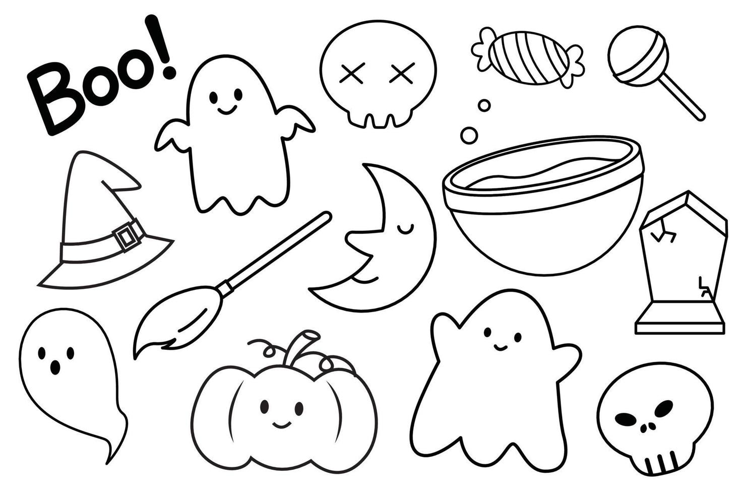 Set of Halloween colouring book. Pumpkin, candy, moon, ghost and more. Black outline. Vector illustration