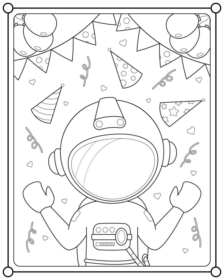 Cute astronaut birthday suitable for children's coloring page vector illustration
