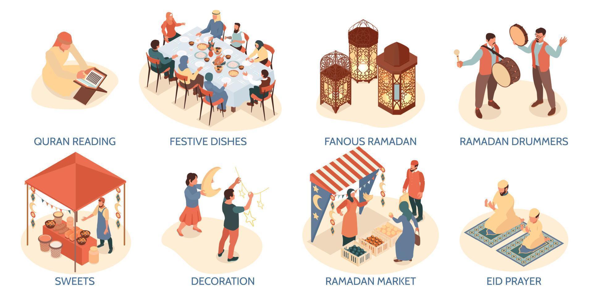 composiciones isométricas aisladas de ramadán vector