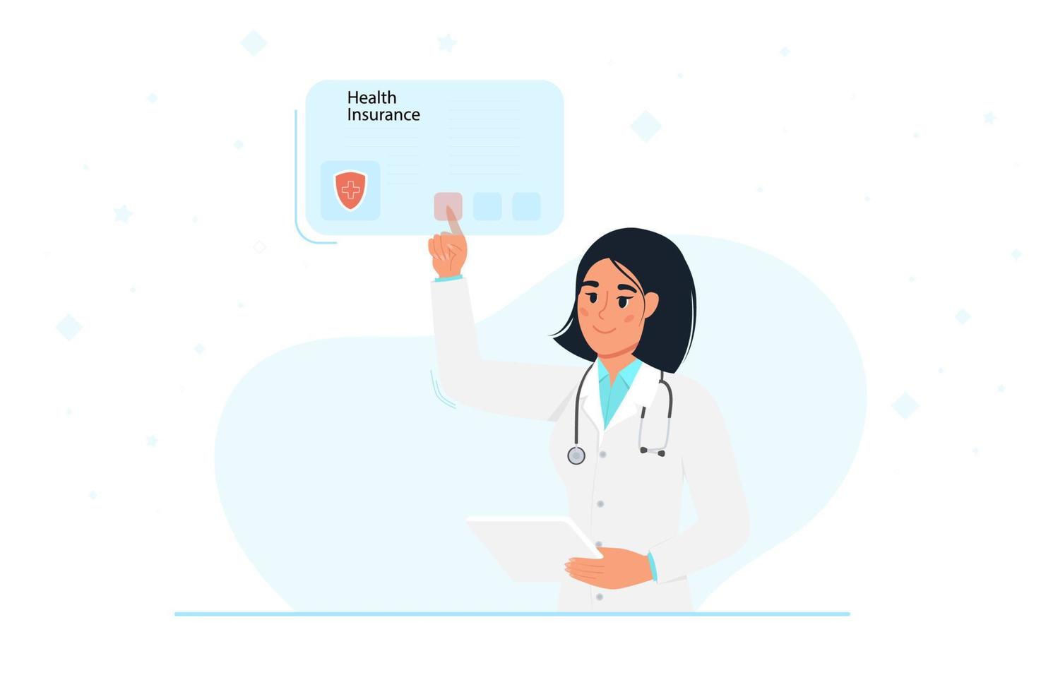 Electronic health insurance card concept. Vector illustration with woman doctor pointing to a digital form of insurance.