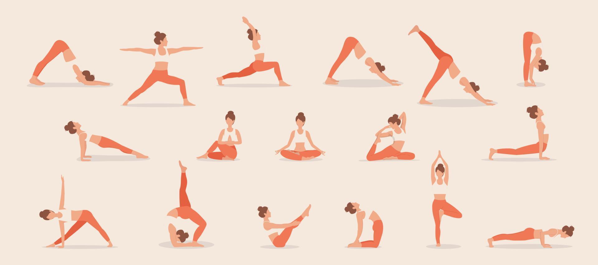 conjunto de poses mujer haciendo yoga y fitness. colección de posiciones de yoga de dibujos animados femeninos aisladas sobre fondo blanco. entrenamiento de yoga de cuerpo completo, pasos 10 vector