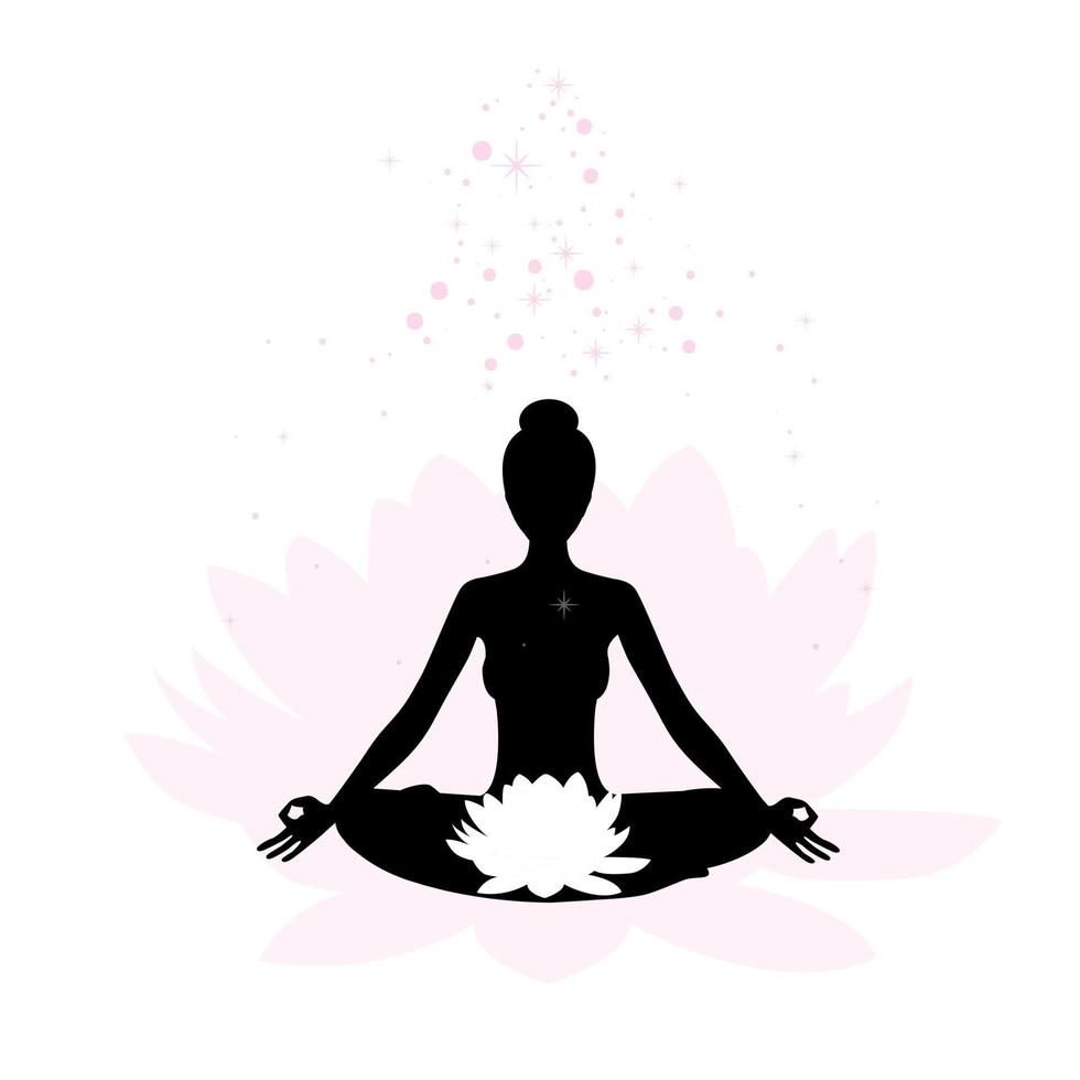 logotipo de yoga. silueta de una mujer meditadora con una flor de loto en el chakra raíz. ilustración vectorial vector