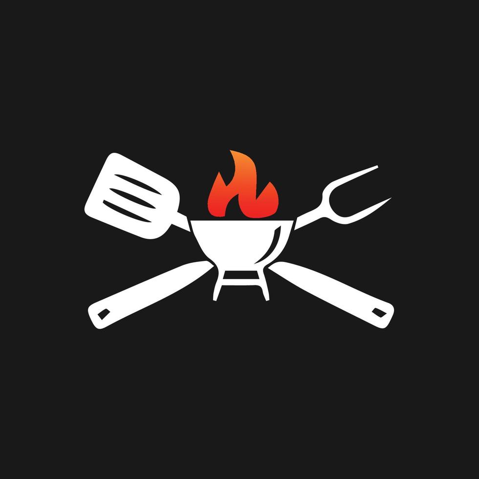 logotipo de barbacoa con logotipo de barbacoa y concepto de fuego en combinación con espátula vector