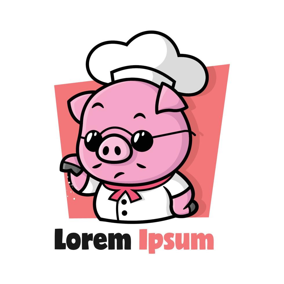 FUNNY FACE PIG CHEF IS WEARING BLACK GLASSES AND POURING SALT CARTOON MASCOT DESIGN. vector