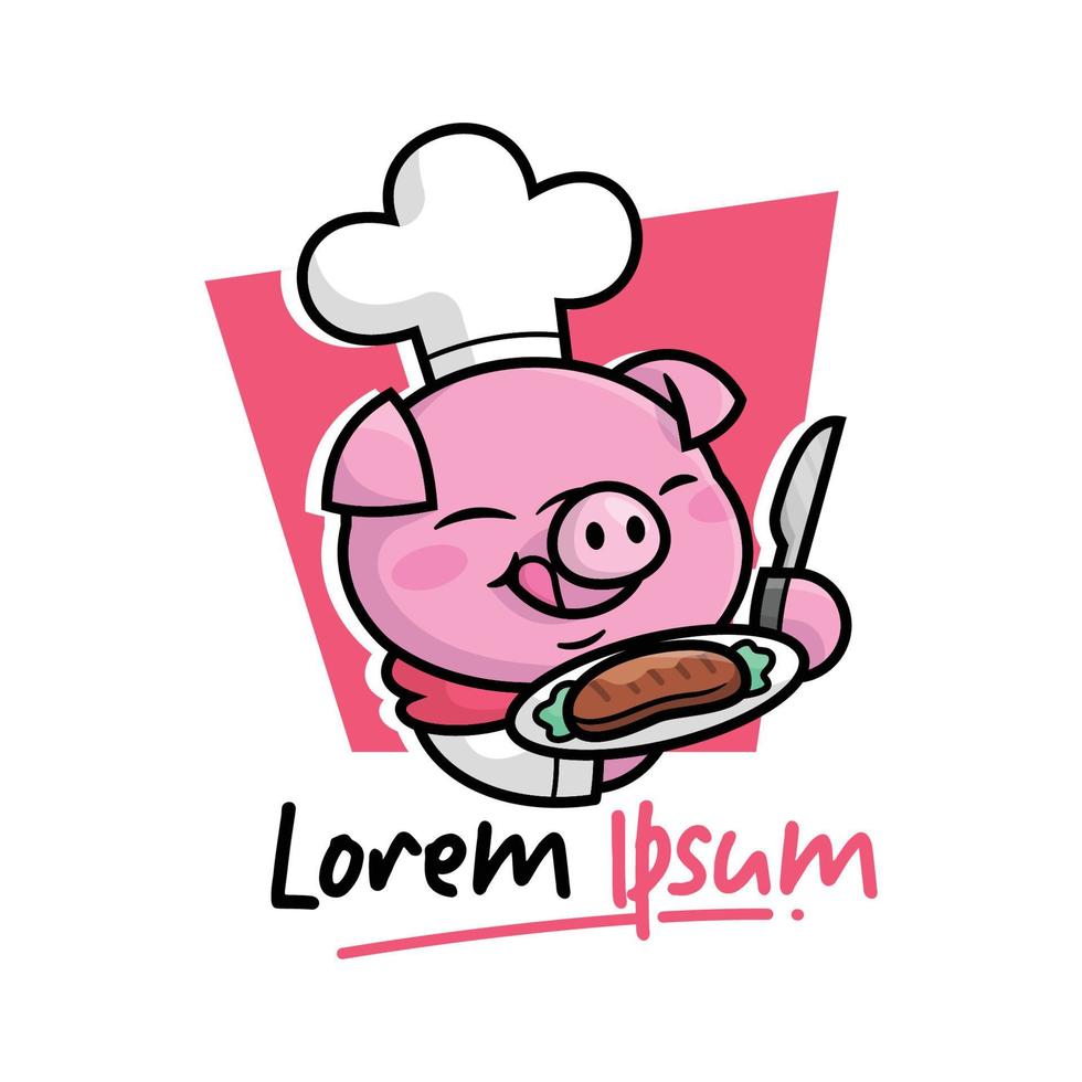 CUTE SMILING PIG WEARING CHEF UNIFORM AND HAT CARTOON MASCOT LOGO vector