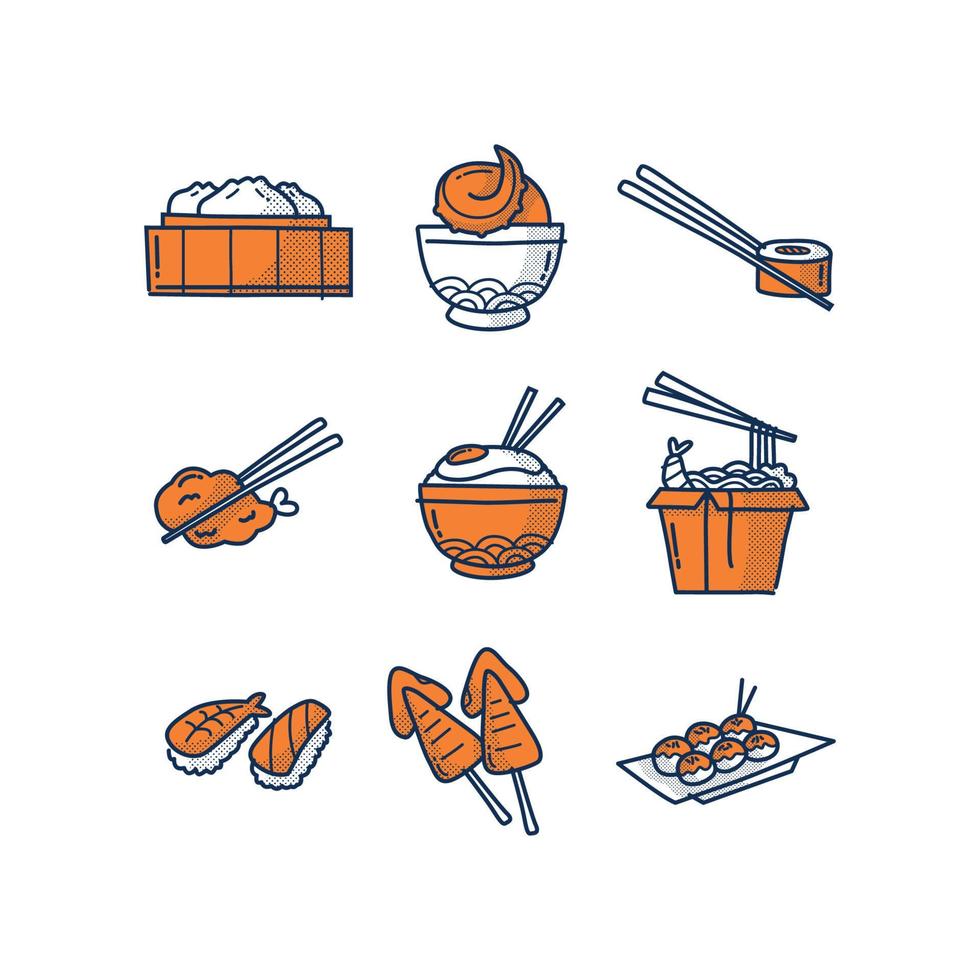 HAND DRAWING WITH HALFTONE COLOUR JAPANESE FOOD LOGO COLLECTION vector