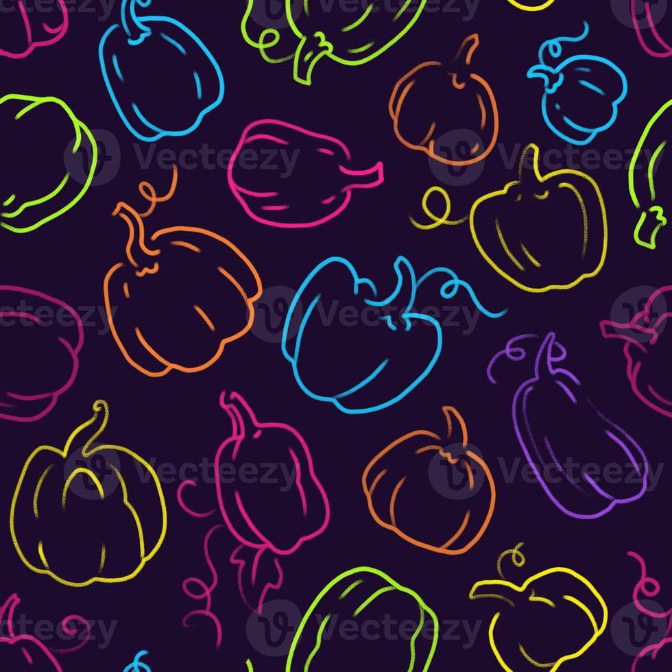 Seamless pattern with vibrant colored pumpkins in hand-drawn pencil style on dark background photo