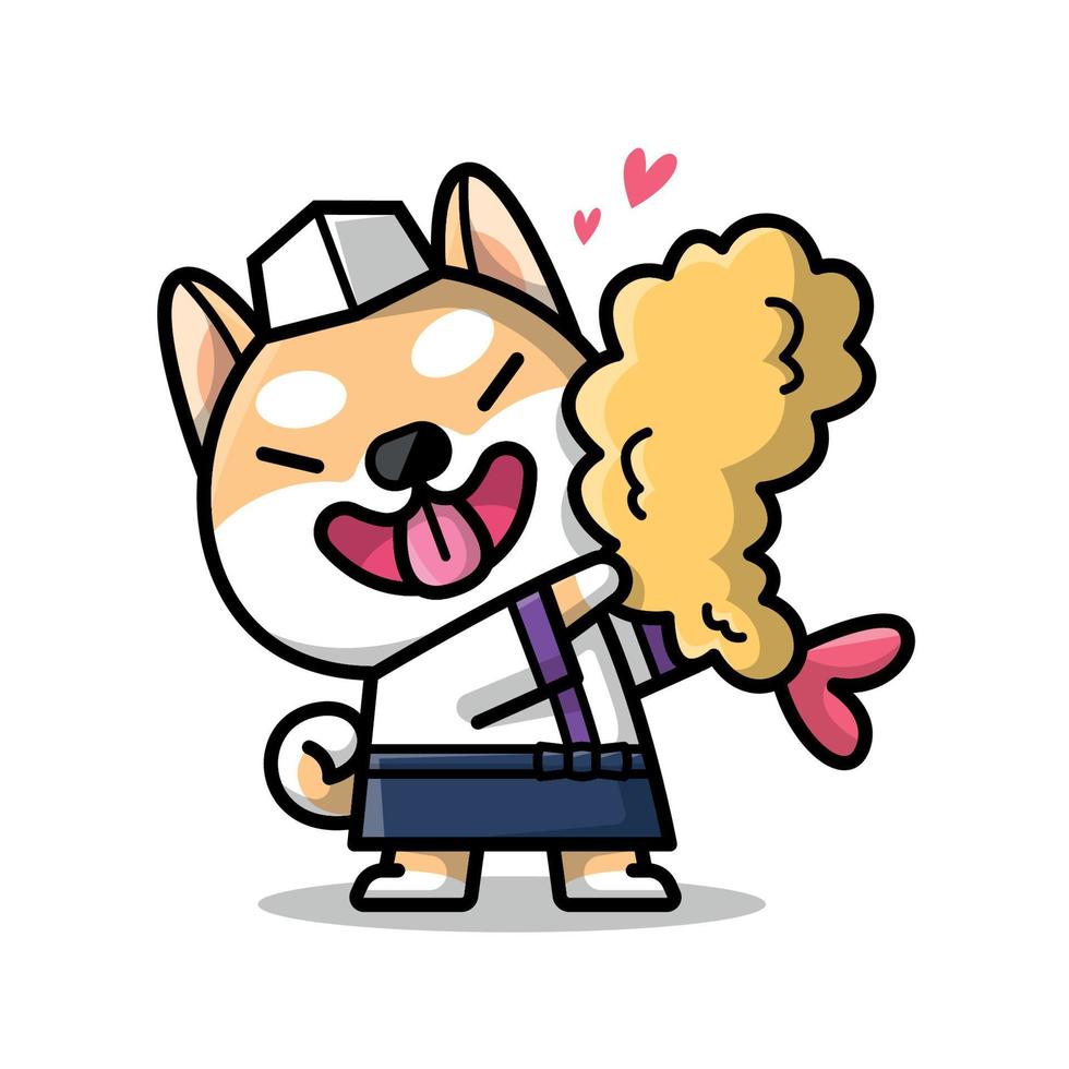 CUTE SHIBA IS HOLDING A BIG TEMPURA CARTOON ILLUSTRATION vector