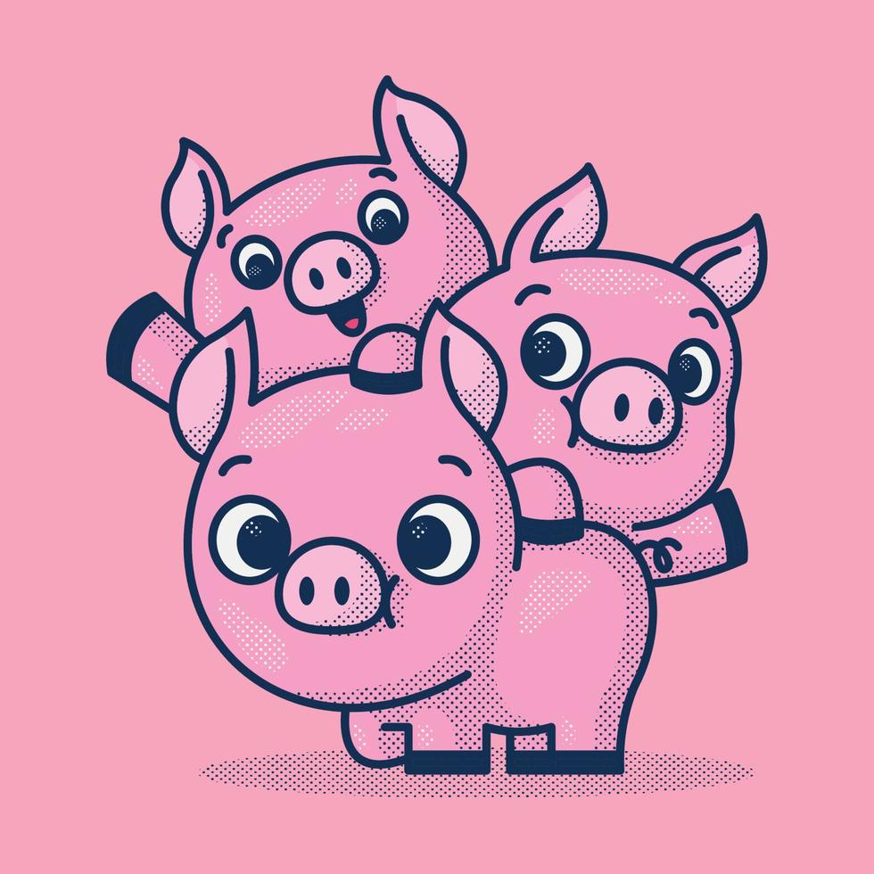 CUTE THREE PIGS IS SLINGING EACH OTHER CARTOON ILLUSTRATION vector