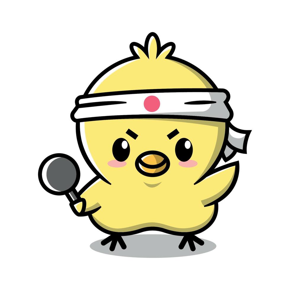 un lindo pollo amarillo lleva una diadema japonesa y trae una sartén. diseño de mascota de dibujos animados. vector