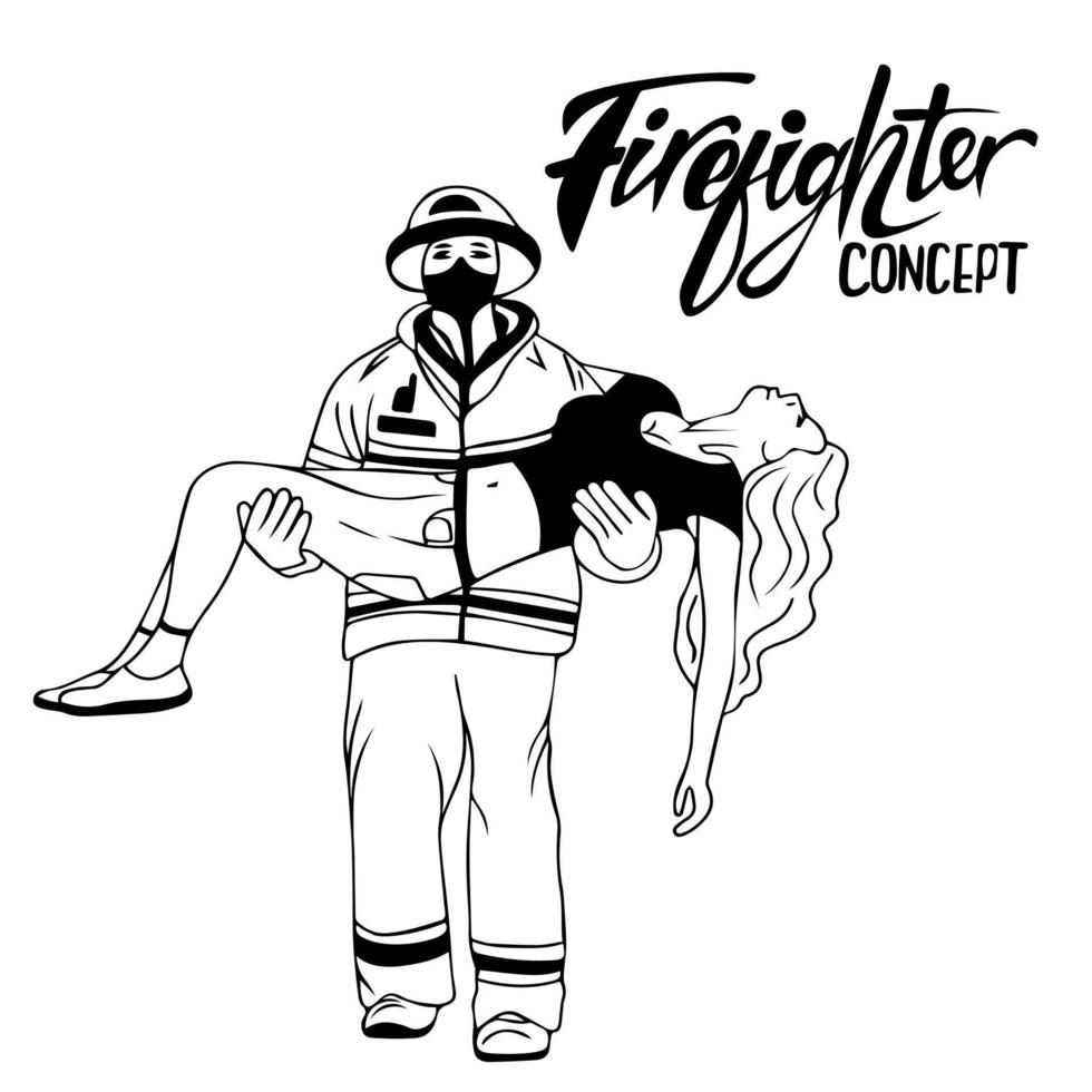 firefighter, rescuer carries an unconscious girl in his arms, rescues person from trouble, an emergency situation. Stressful situation, disaster, danger to life. vector