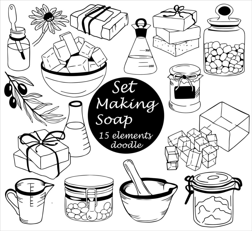 Set of 15 doodle elements, black line - jars for soap base, dyes, flowers, measuring cup, molded soap, olive decor, pipette, flask vector