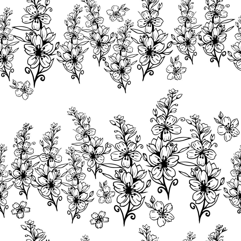 Seamless pattern of sakura branches and apple blossoms from the leaves, hand-drawn in ink. Botanical decorative, trendy pattern. Green leaf, plant, foliage, branch, highlighted on white background. vector