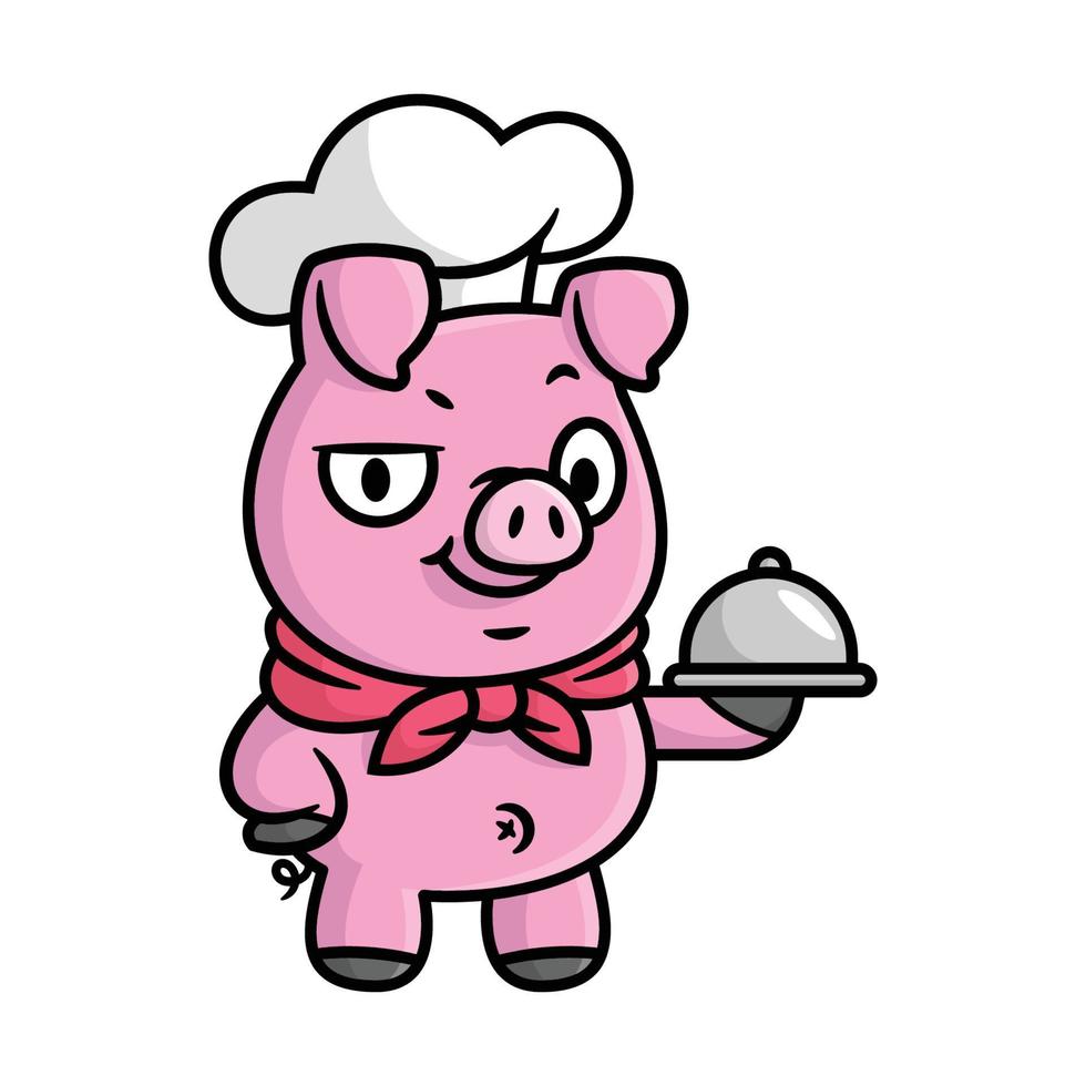 CUTE PIG IS WEARING CHEF HAT AND SCARF AND SERVING FOOD CARTOON MASCOT DESIGN. vector