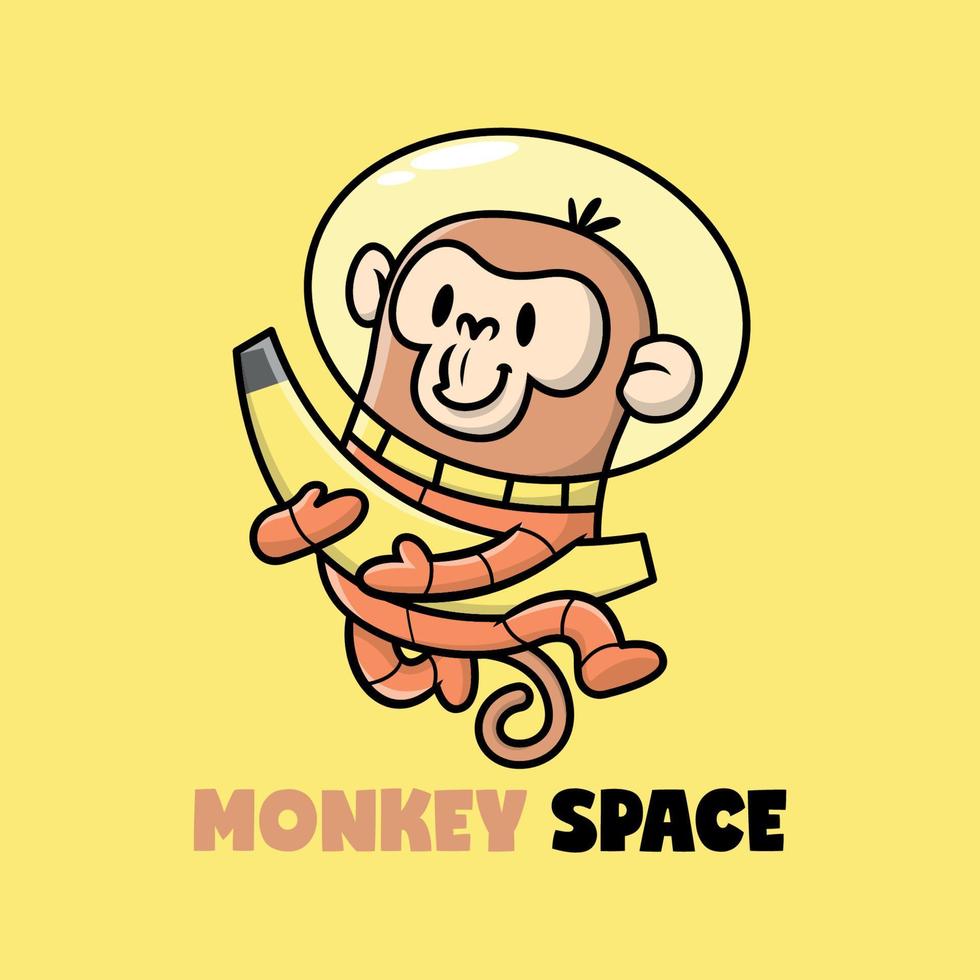 un lindo mono con traje de astronauta trae un gran plátano. vector de dibujos animados de primera calidad.