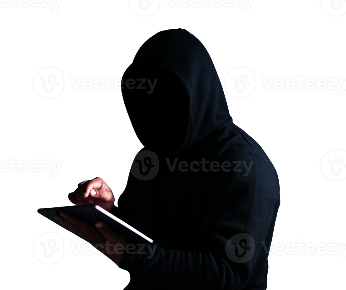 man holding gadget and wearing jacket hoodie in anonymous hacker theme. png