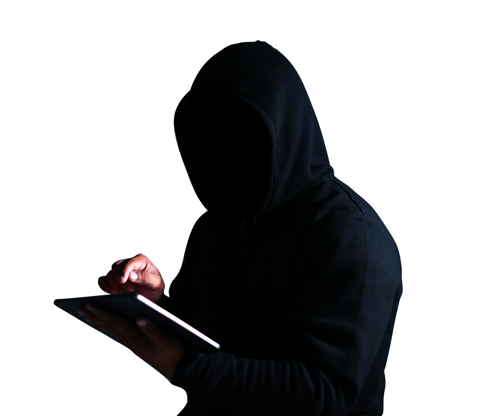 man holding gadget and wearing jacket hoodie in anonymous hacker theme.  12620217 PNG