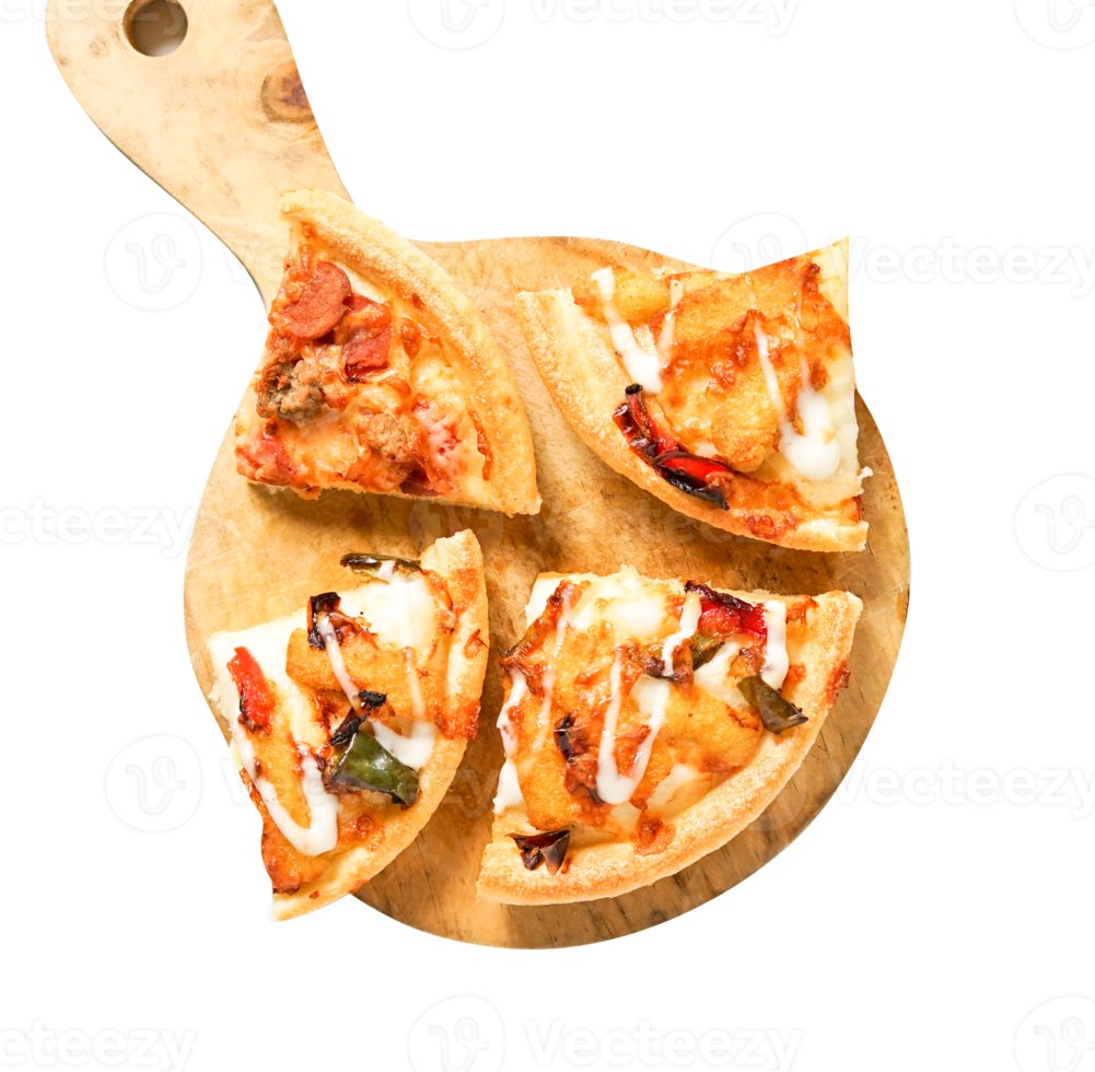 slices of pizza on a wooden cutting board png