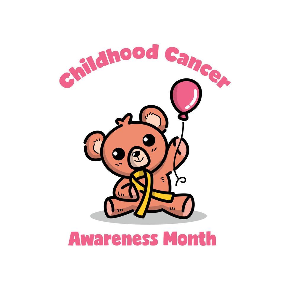 CUTE TEDDY BEAR IS HOLDING A BALLOON AND YELLOW RIBBON. CHILDHOOD CANCER AWARENESS LOGO vector