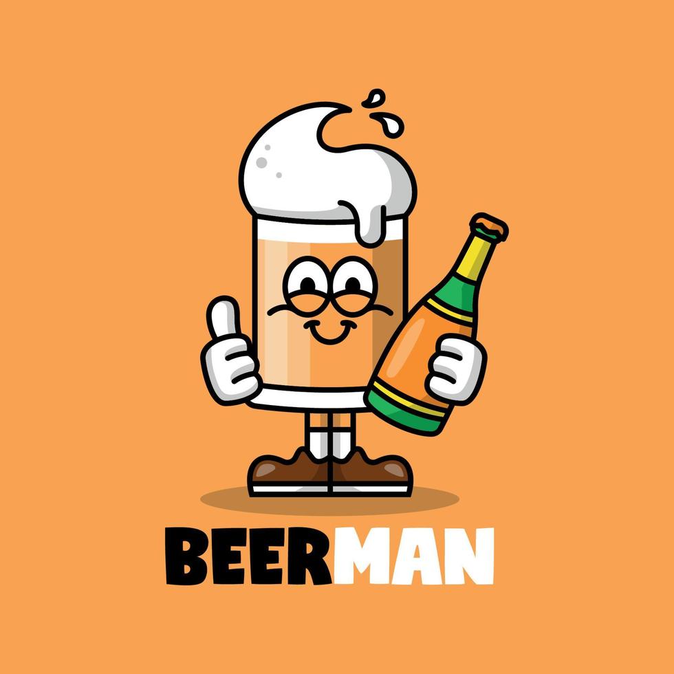 CUTE BEERMAN IS BRINGING A BOTTLE OF BEER CARTOON MASCOT vector