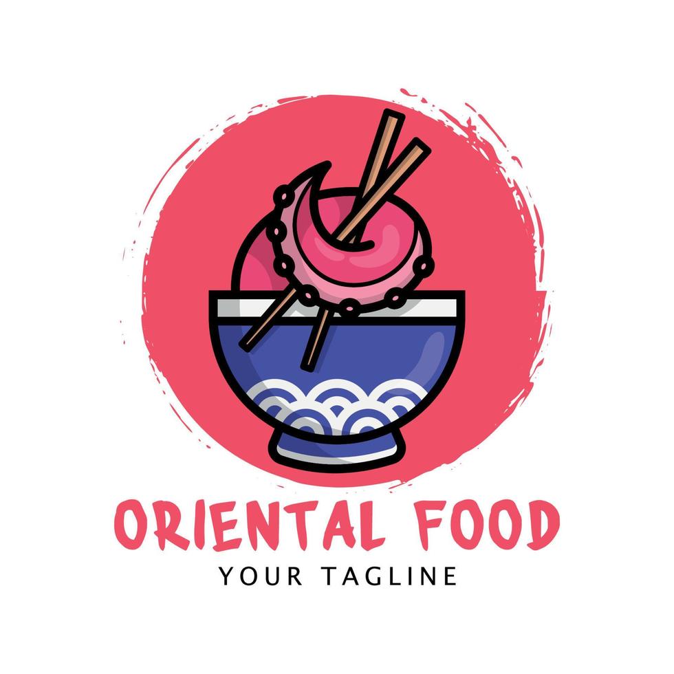 logo de dibujos animados de comida oriental con tentáculo de pulpo sosteniendo palillos vector