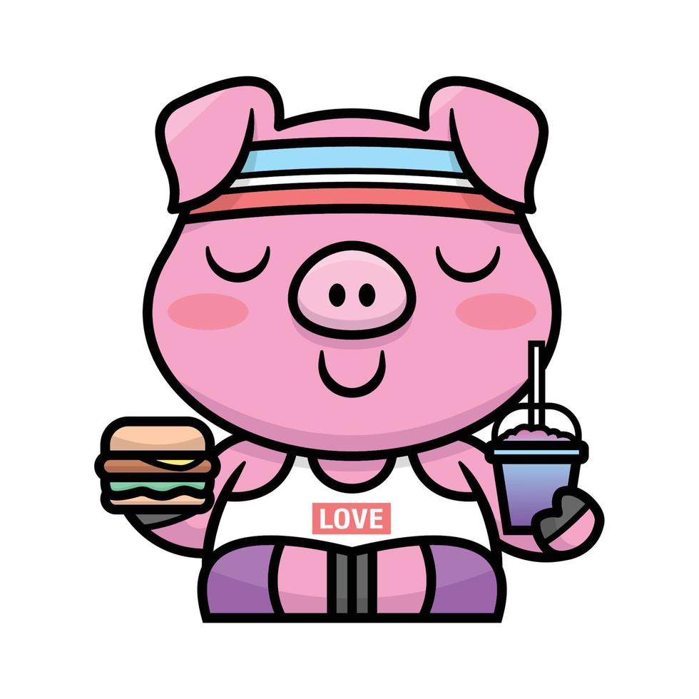 un lindo cerdo gordo lleva ropa deportiva y sostiene una hamburguesa y una bebida. diseño de mascota de dibujos animados. vector