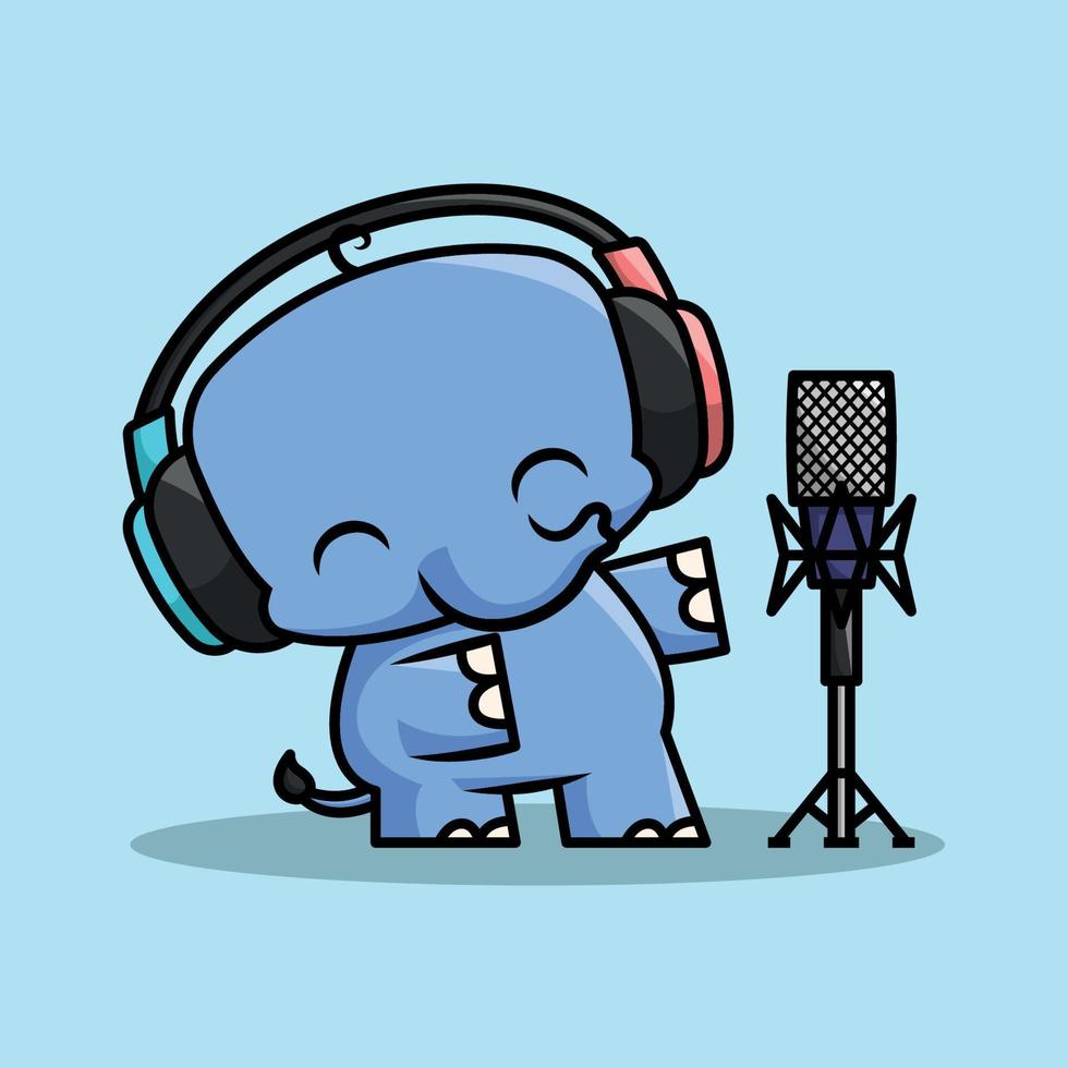 un lindo elefante lleva auriculares y canta frente a la grabadora. vector de dibujos animados de primera calidad.