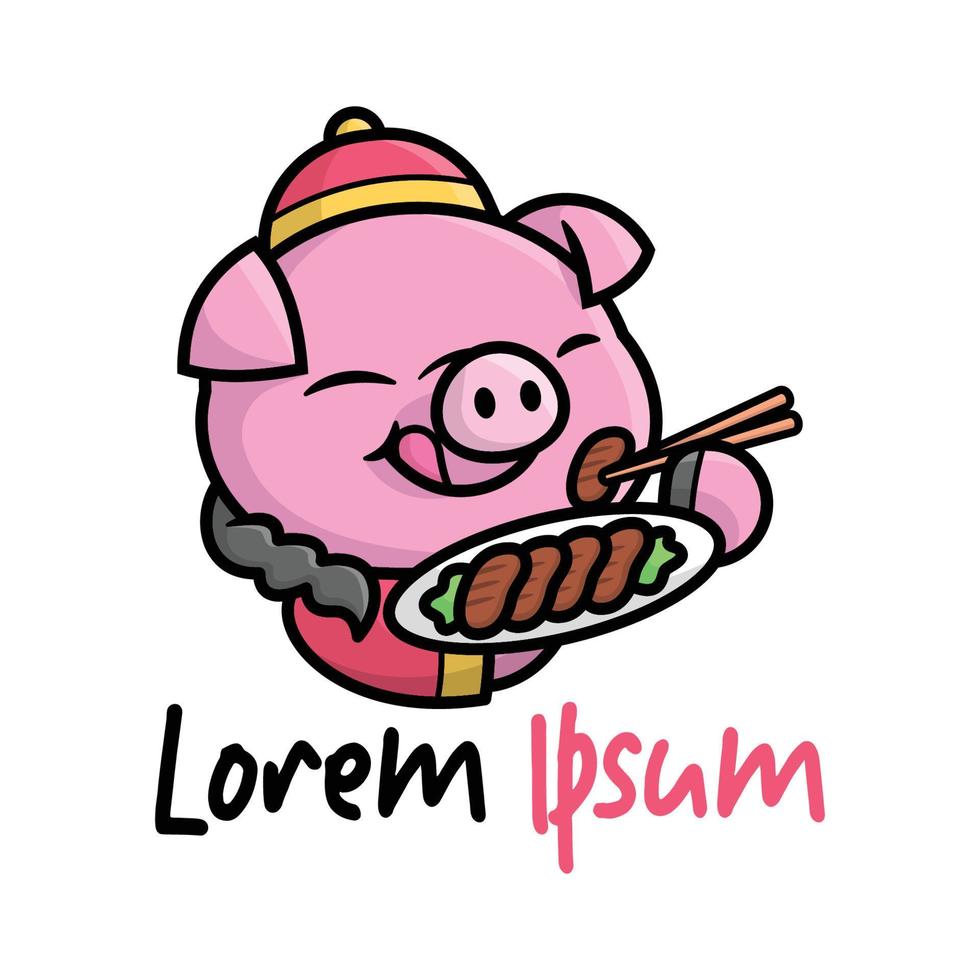 A CUTE HAPPY PIG IS WEARING CHINESE CLOTHING AND EATING MEAT vector