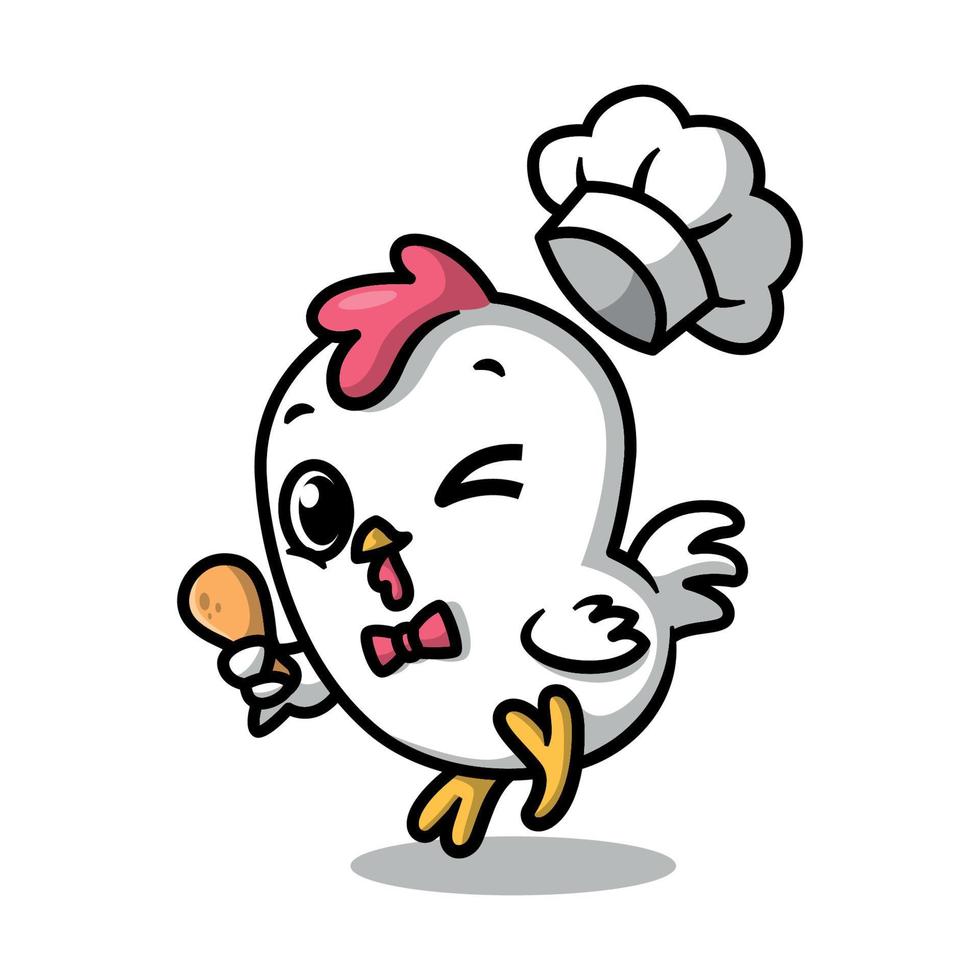 un lindo chef de pollo sostiene un pollo frito. mascota de pollo de dibujos animados. vector