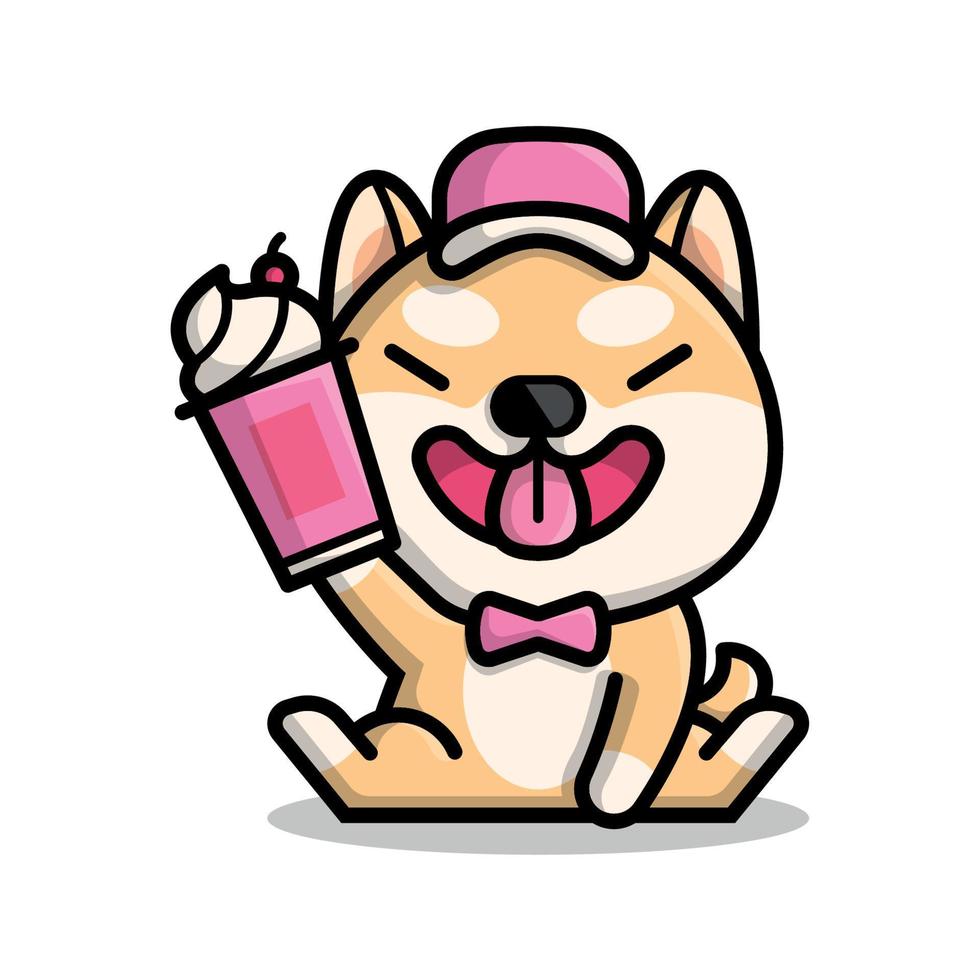 el lindo shiba está sosteniendo una taza de ilustración de dibujos animados de helado.el lindo shiba está sosteniendo una taza de ilustración de dibujos animados de helado. vector