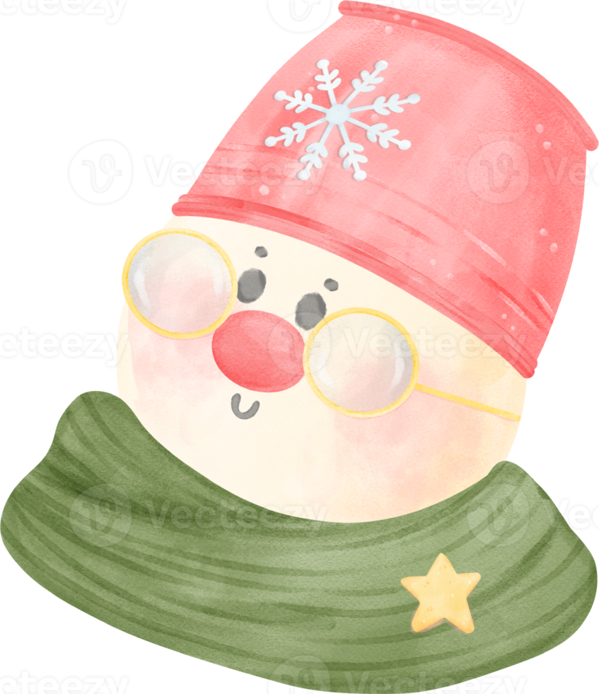 Snowman Christmas head in winter scarf and hat vintage watercolour cartoon illustration png