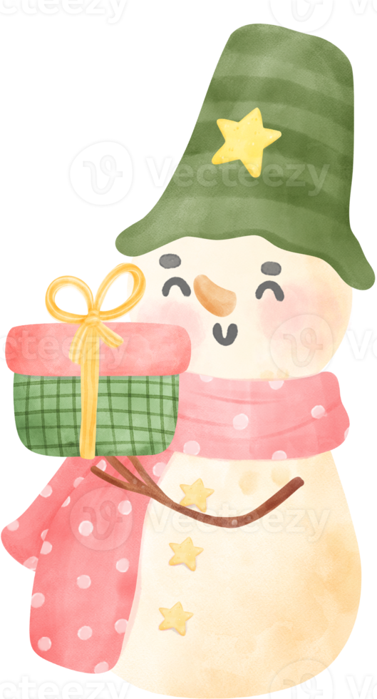 Snowman Christmas in winter scarf and hat vintage with present boxes watercolour cartoon illustration png